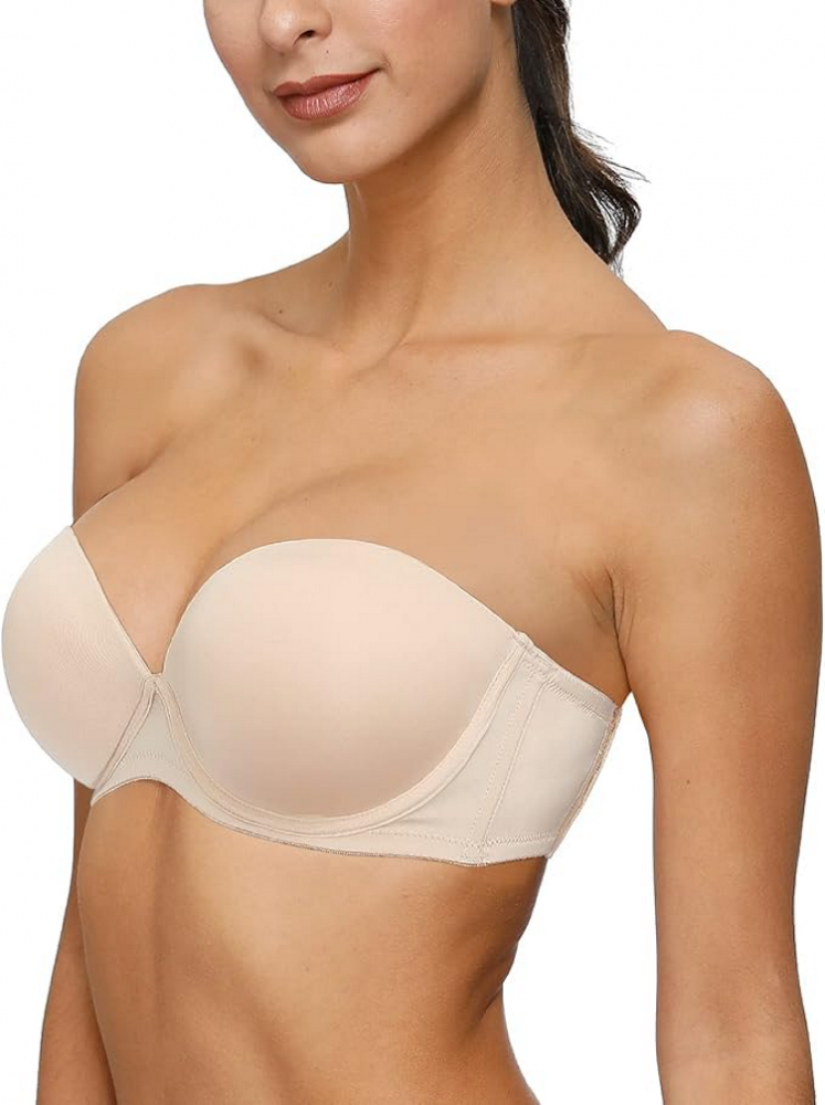Sutien Push-Up Fara Bretele si Spate, cu Cupe Intarite si Bretele Transparent/Invizibile,YANDW, Nude, marime 75C [3]