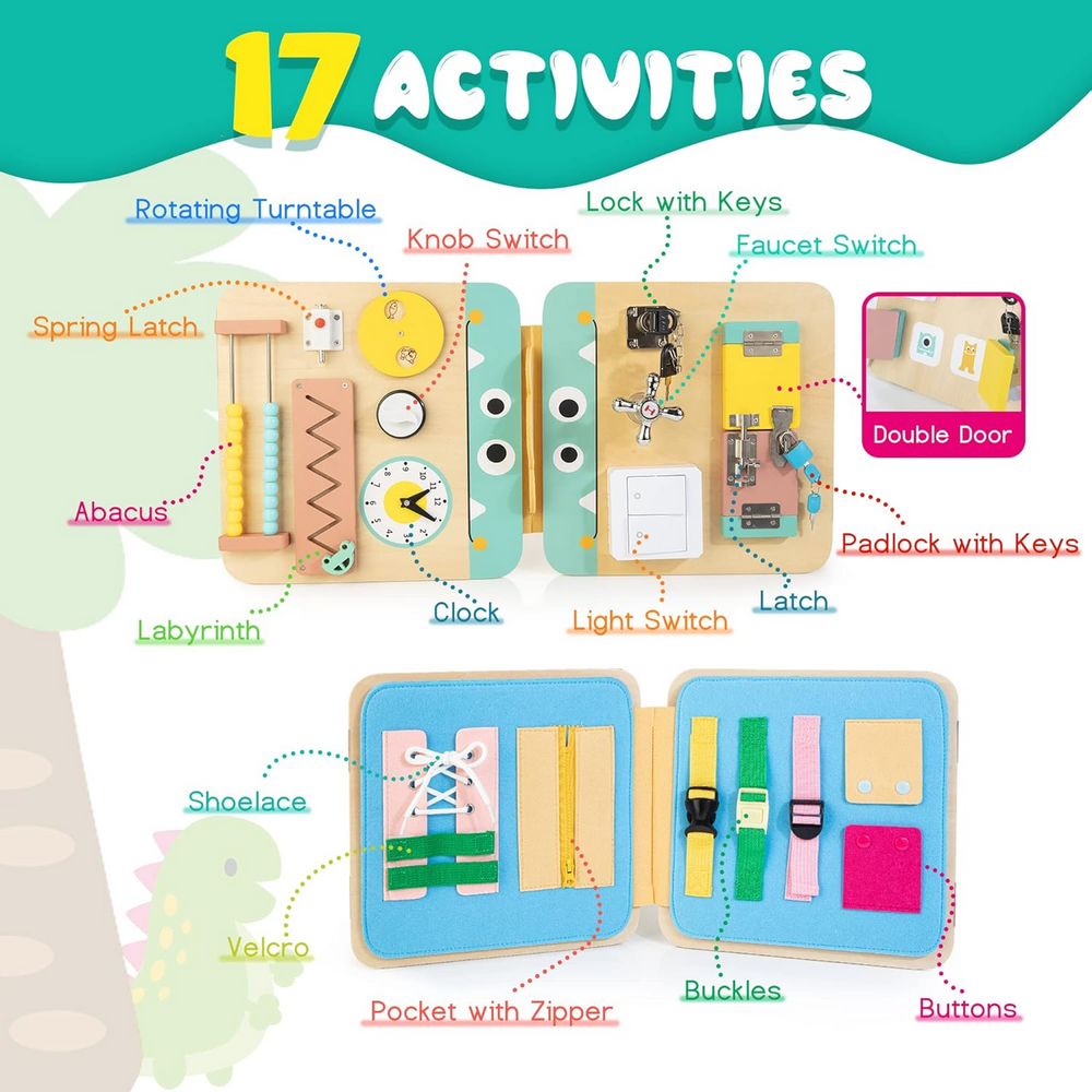 Tabla de activitati Montessori din lemn cu 17 activitati educationale pentru invatarea abilitatilor motorii fine, jucarie de calatorie pentru copii pentru baieti si fete [2]
