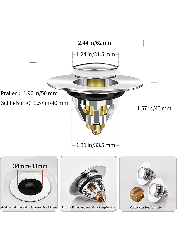 Ventil Universal pentru Chiuvetă, Dop Pop-Up din Inox cu Sită Anti-Înfundare, Compatibil 34–38 mm, Instalare Rapidă, 2-în-1 Filtru și Dop [2]