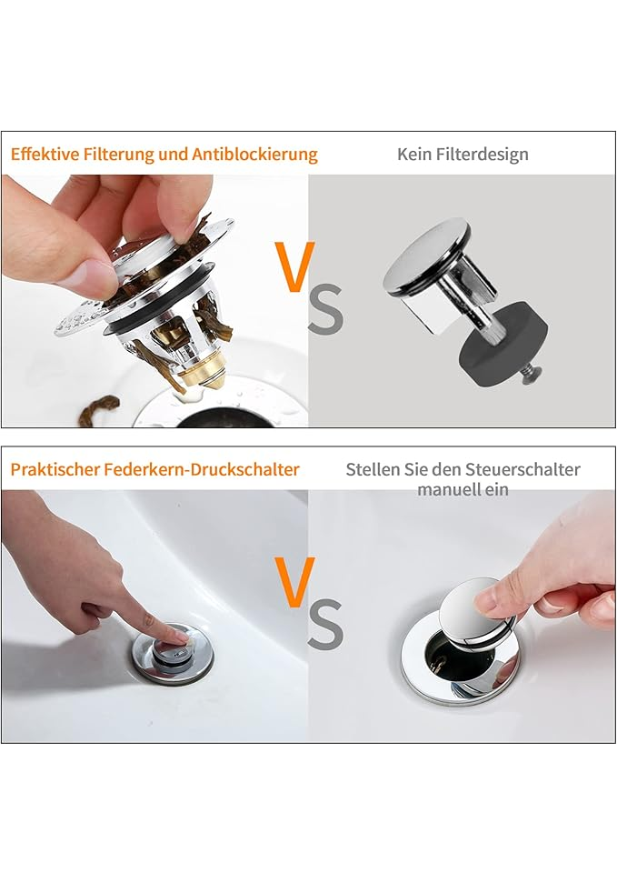 Ventil Universal pentru Chiuvetă, Dop Pop-Up din Inox cu Sită Anti-Înfundare, Compatibil 34–38 mm, Instalare Rapidă, 2-în-1 Filtru și Dop [4]