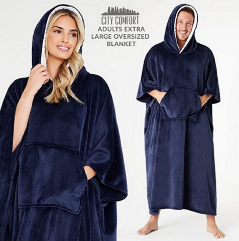 Patura Hanorac cu gluga, supradimensionata, CityComfort, din Fleece, pentru Barbati si Femei, Navy, Marime Universala [1]