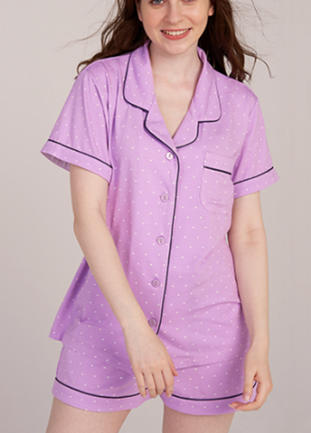 Îmbrăcăminte & Încălțăminte - Set Pijama Damă, Bluză și Pantaloni, Croială Lejeră și Confortabilă, LAPASA, L100, violet cu buline albe
