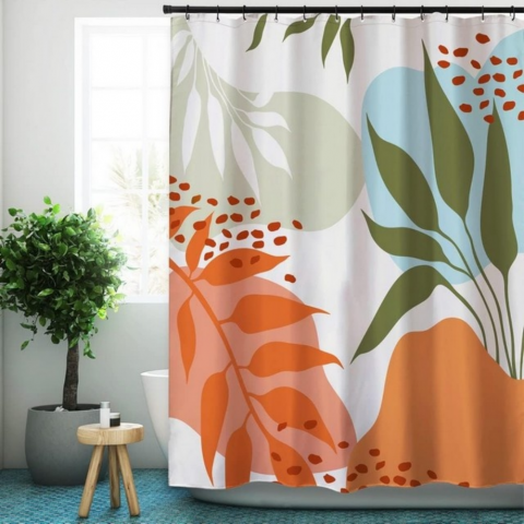 Perdea de dus pentru baie, design modern cu frunze, 180 x 180 cm, din material textil, cu carlige incluse [1]