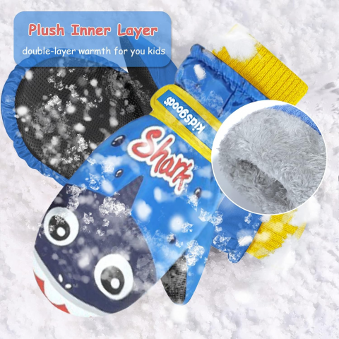 Manusi pentru copii, model cu un singur deget, manseta elastica si prindere reglabila, waterproof, imprimeu cu rechin, albastru, marime 6 – 12 ani [1]