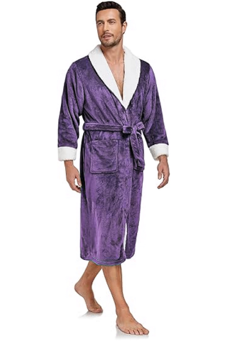 Îmbrăcăminte & Încălțăminte - Halat de baie luxos pentru bărbați, din fleece moale cu guler tip șal – lung, călduros și confortabil, cu buzunare, violet, Marime XL
