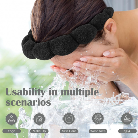 Bentiță Spa din Bumbac, Accesoriu pentru Spălarea Feței, Machiaj și Tratamente Faciale, Moale, Absorbantă și Reutilizabilă, negru [2]