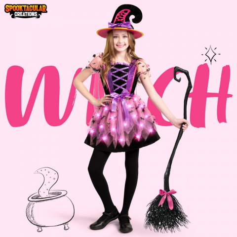 Costum de Vrajitoare Deluxe cu Palarie, Rochie cu Tutu si Bagheta Magica, Ideal pentru Halloween si Petreceri Tematice, marime M (8-10 ani) [1]