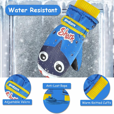 Manusi pentru copii, model cu un singur deget, manseta elastica si prindere reglabila, waterproof, imprimeu cu rechin, albastru, marime 6 – 12 ani [2]