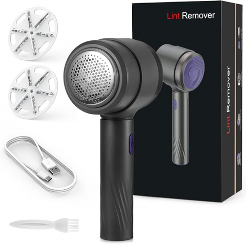 Aparat Electric de Scame Kaskawise, Negru, Reîncărcabil USB, 6 Lame din Oțel Inoxidabil, 2 Rezerve Incluse, Curățare Rapidă pentru Haine, Țesături și Textile