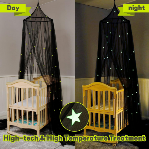 Baldachin pentru pat, cu stele fluorescente, luminoase in intuneric, plasa anti-tantari, universal, negru,Sesamis [7]