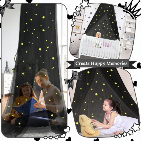 Baldachin pentru pat, cu stele fluorescente, luminoase in intuneric, plasa anti-tantari, universal, negru,Sesamis [5]
