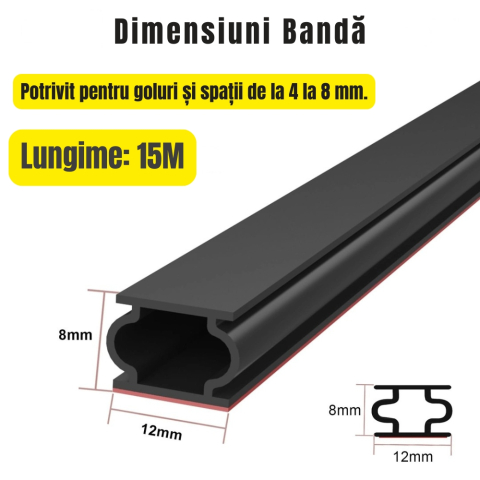 Banda etansare usi si fereastre 15m x 12mm x 8mm, Autoadeziva, cauciuc flexibil impermeabil, negru [2]