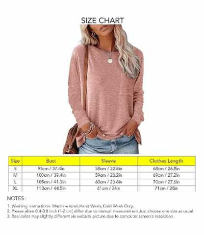 Bluza casual cu maneci lungi pentru femei, cu decolteu rotund si buzunar, FANGJIN,  marimea S, culoare roz, MJ3P [4]