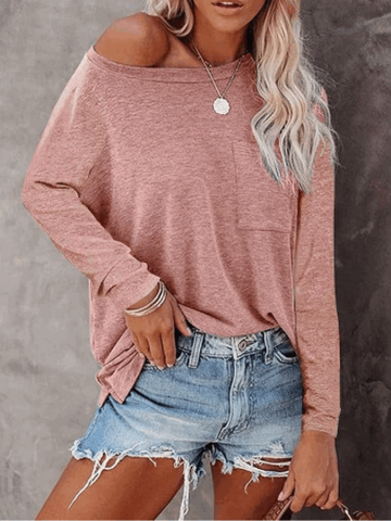Bluza casual cu maneci lungi pentru femei, cu decolteu rotund si buzunar, FANGJIN,  marimea S, culoare roz, MJ3P [2]
