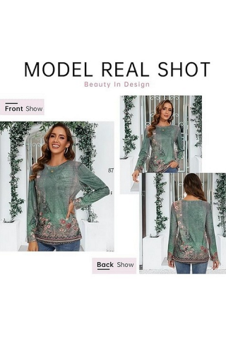 Bluza cu maneca lunga, imprimeu floral, verde, Anggrek, marime S [2]