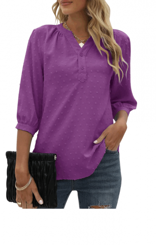 Bluza mov tip tunica cu decolteu in V, cu maneci 3/4, din sifon cu nasturi pentru dama, marime XL, Violet, Teesho [0]