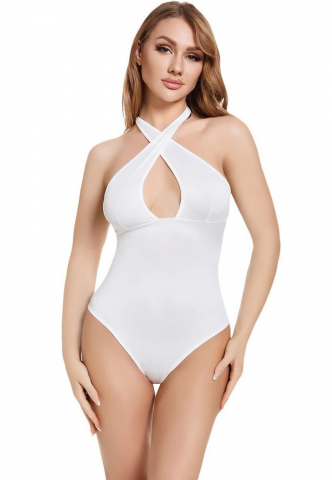 Îmbrăcăminte & Încălțăminte - Body Damă Sexy cu Guler Halter Încrucișat, Fără Mâneci, alb, marime XL