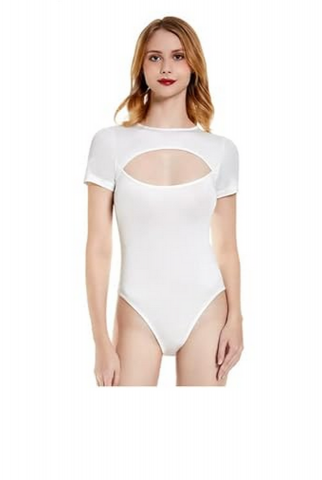 Îmbrăcăminte & Încălțăminte - Body Damă Sexy Decupat în Față, Tip Tricou, Modelator, cu Mânecă Scurtă, KOEMCY , alb