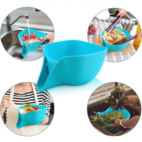 Bol cu Strecuratoare pentru Spalat fructe si legume, Silicon, 19.5x17x10.4 cm, Turcoaz [4]