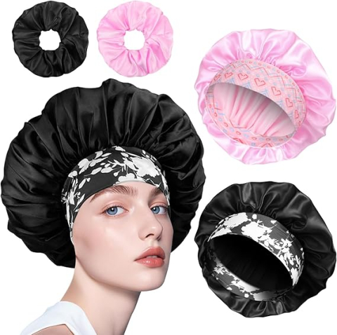 Igienă - boneta-dormit-satin-set-2-bucati-elastice-cadou-negru-roz-coolon