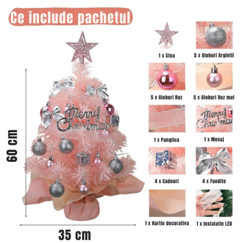 Bradut Craciun roz 60 cm de Birou, cu instalatie LED, Globuri si decoratiuni si Suport de lemn [1]