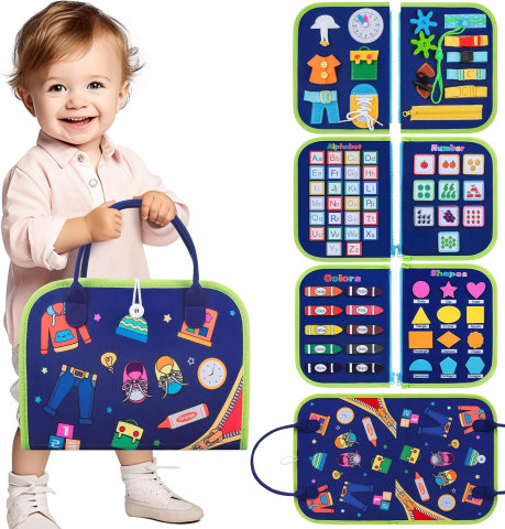 Jucării & Jocuri - Busy Board 4 in 1 pentru Copii – Jucarie Montessori Senzoriala cu 4 Straturi, Activitati Educative pentru Dezvoltarea Abilitatilor Motorii, Cadou Ideal pentru Copii de 1-5 Ani