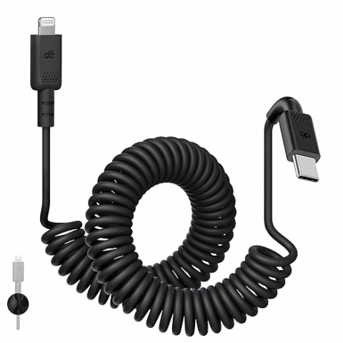 Accesorii Telefoane Mobile - Cablu Spiralat USB-C, Lightning 1.8 m, Apple MFi Certificat & Compatibil CarPlay, Cablu Retractabil iPhone pentru Încărcare Rapidă și Navigație Auto, Marca Dé, Negru