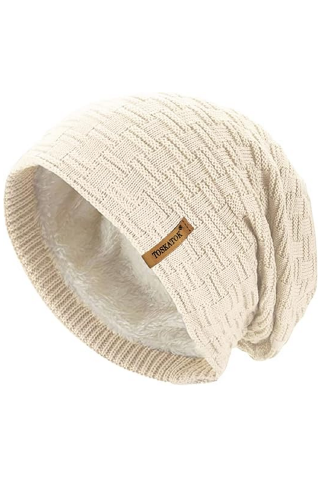 Genți și Accesorii Femei - Caciula de iarna unisex TOSKATOK®, model slouch casual, tricotata cu textura tip waffle si captuseala moale din fleece tip teddy, ideala pentru femei si barbati, crem