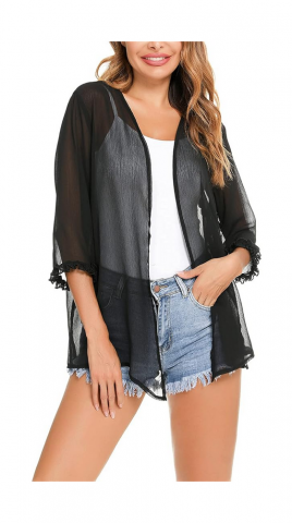 Îmbrăcăminte & Încălțăminte - Cardigan Damă din Șifon, Mânecă 3/4, Casual Elegant, negru transparent, marime M