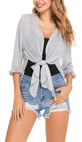 Cardigan Damă din Șifon, Mânecă 3/4, Casual Elegant, alb transparent [1]