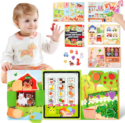 Jucării & Jocuri - Carte interactivă Montessori cu sunete pentru copii 1 an+, Busy Book educativ cu 6 teme și panou audio, Limba ENGLEZA