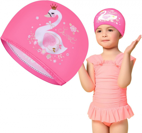 Sport & Travel - Casca de inot pentru copii, model roz cu lebada, impermeabila, din silicon, potrivita pentru baieti si fete, par lung sau scurt, 3-8 ani