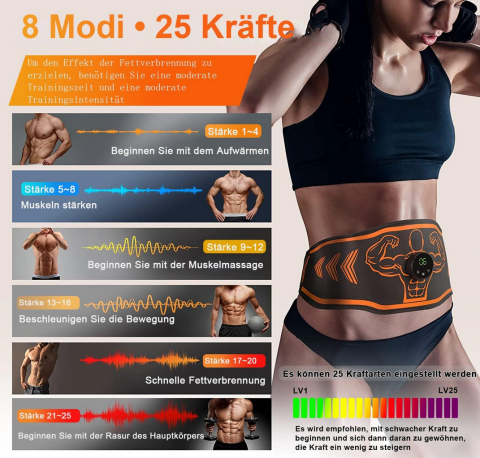 Centura de Electrostimulare EMS, echipamente de fitness, Abdomen, Brate, Coapse si Gambe, 8 Programe, 25 Intensitati, negru/portocaliu [5]