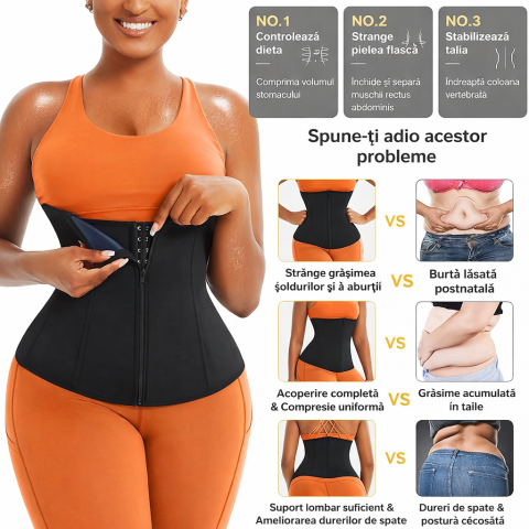 Centură de slăbit Junlan pentru femei, tip corset sauna, control abdomen, compresie ajustabilă, efect intens de transpirație, Negru, Marime 2XL [1]