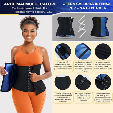 Centură de slăbit Junlan pentru femei, tip corset sauna, control abdomen, compresie ajustabilă, efect intens de transpirație, Negru, Marime 2XL [2]