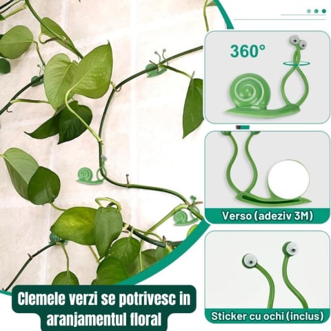 Cleme Agatat Plante Perete, Set 40, Adeziv 3M, Model Frunza si Melc, Verde, Suport plante agatatoare, Reutilizabile [1]