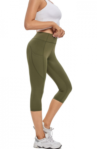 Colanti sport 3/4 pentru femei, cu talie inalta, buzunare laterale si material opac, ideali pentru sport, yoga sau tinute casual, Adorence, verde army [4]