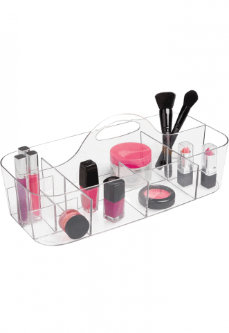 Îngrijire Personală & Cosmetice - Coș de Depozitare Portabil din Plastic pentru Articole de Toaletă, 11 comapartimente, transparent, mDesign, 17,8x36,8x14,6 cm