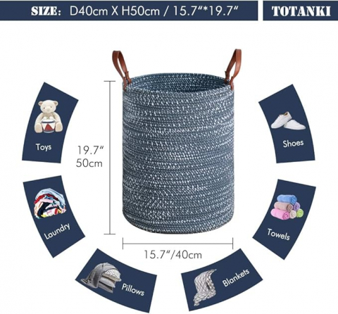 Coș de Rufe din Bumbac TOTANKI, 40 cm x 50 cm, Pliabil Împletit cu Mânere din Piele pentru Depozitare, Albastru, XF58 [5]