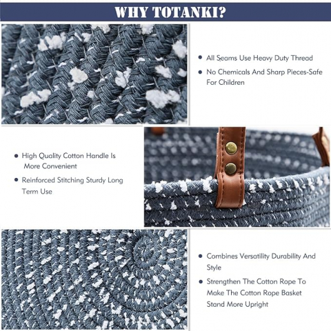Coș de Rufe din Bumbac TOTANKI, 40 cm x 50 cm, Pliabil Împletit cu Mânere din Piele pentru Depozitare, Albastru, XF58 [4]
