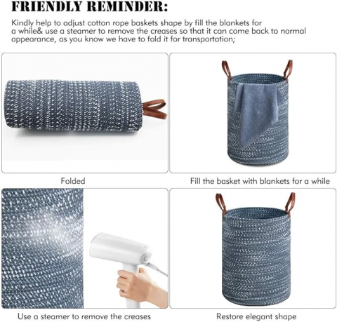 Coș de Rufe din Bumbac TOTANKI, 40 cm x 50 cm, Pliabil Împletit cu Mânere din Piele pentru Depozitare, Albastru, XF58 [1]