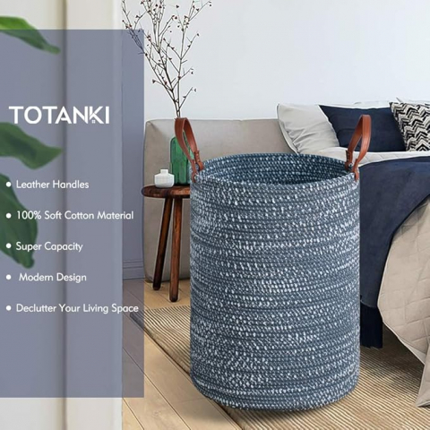 Coș de Rufe din Bumbac TOTANKI, 40 cm x 50 cm, Pliabil Împletit cu Mânere din Piele pentru Depozitare, Albastru, XF58 [3]