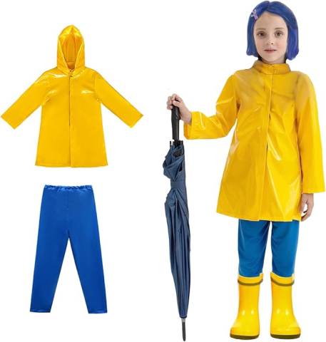 Costume Carnaval - Costum Coraline copii cu pelerina galbena si pantaloni albastri pentru Halloween si carnaval