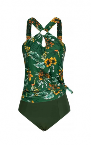 Lenjerii și Pijamale Femei - Costum de baie dama, tankini 2 piese, verde cu imprimeu floral, GRACE KARIN