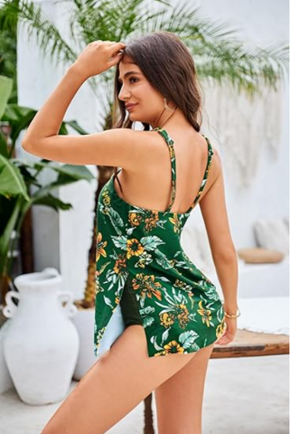 Costum de baie dama, tankini 2 piese, verde cu imprimeu floral, GRACE KARIN [2]