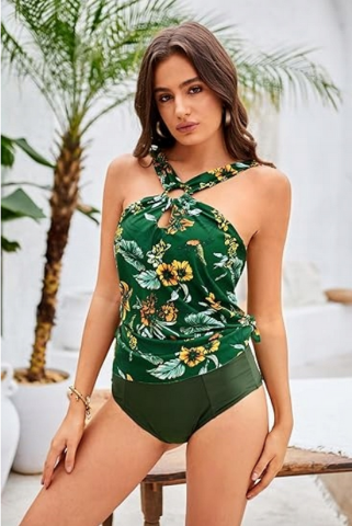 Costum de baie dama, tankini 2 piese, verde cu imprimeu floral, GRACE KARIN [4]