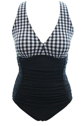 Costum de Baie Întreg pentru Femei, Push Up, Talie Înaltă şi Control Abdomen, GOTIMAL, negru si carouri albe, marime M [1]
