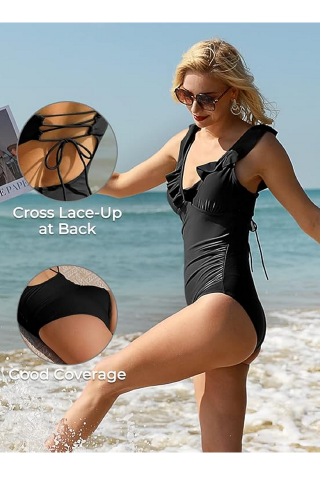 Costum de Baie pentru femei dintr-o piesa, cu Volane, Decolteu în V și Control Abdomen, SummerMae, negru, S [1]