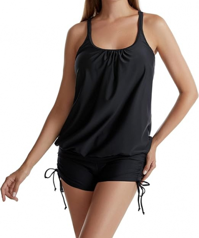 Costum de baie Tummy Control pentru Femei, Două Piese Tankini cu Boyshort, Ascunde Burta, Talie Înaltă, Culoare Neagră [3]