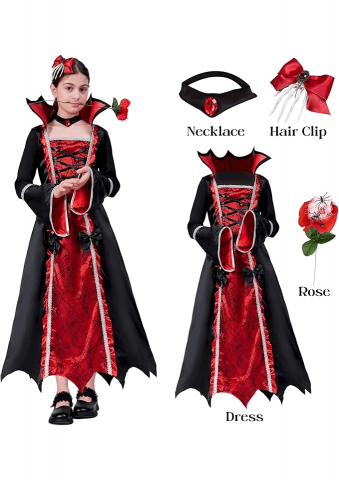 Costum de Vampir Elegant pentru Fetițe, Pentru Halloween, Carnaval și Alte, Zucos, 4-6 ani, 120-130 cm, F47R [4]